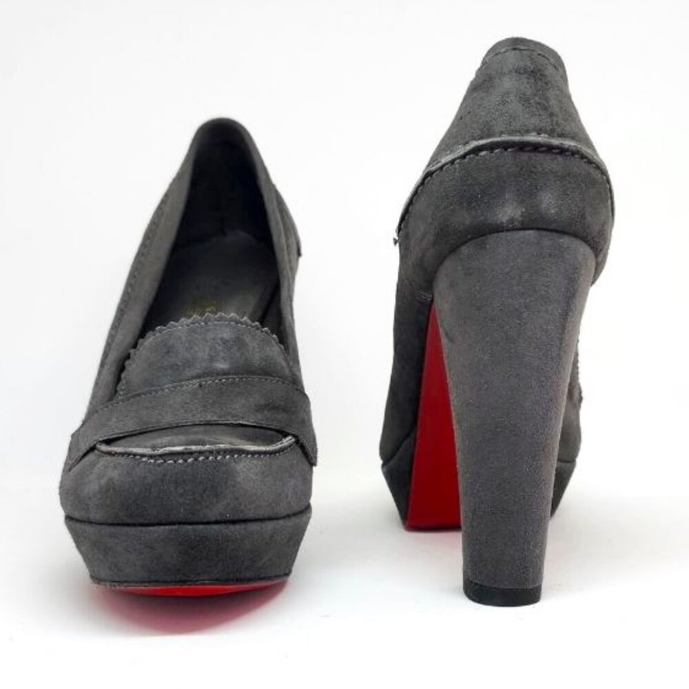 Laura Ferri Women's Grey Suede Block Heel Loafer W/Red Bottoms Size 6